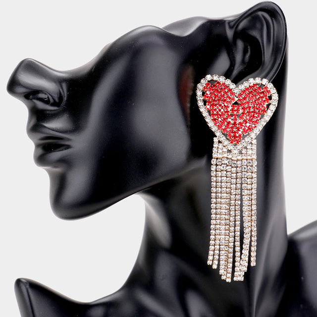 Madeline Love Red Rhinestone Heart Accented Fringe Evening Earrings