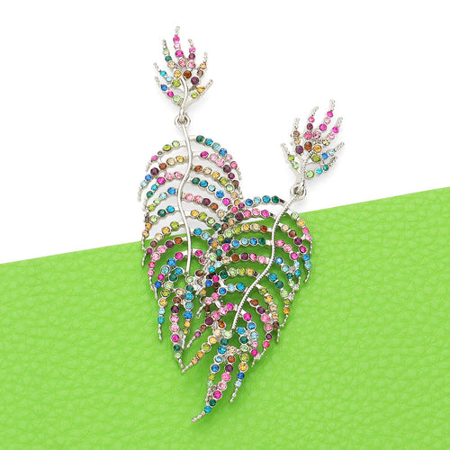 Crystal Rhinestone Leaf Drop Evening Earrings - Multi