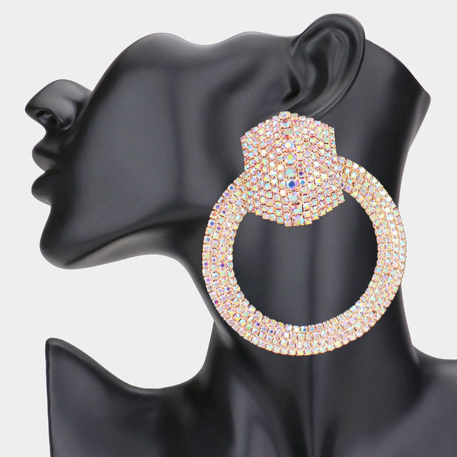 Madeline Love AB, Gold Rhinestone Pave Hexagon Open Circle Evening Earrings