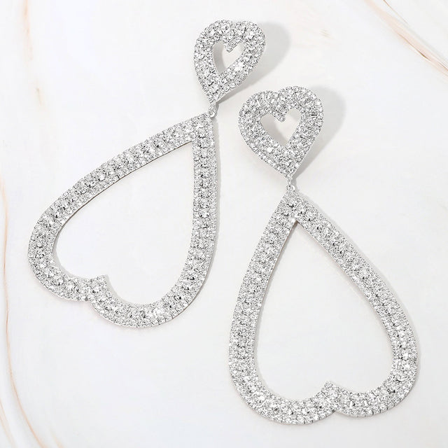 Madeline Love Clear, Silver Bold Rhinestone Studded Open Heart Drop Dangle Statement Evening Earrings