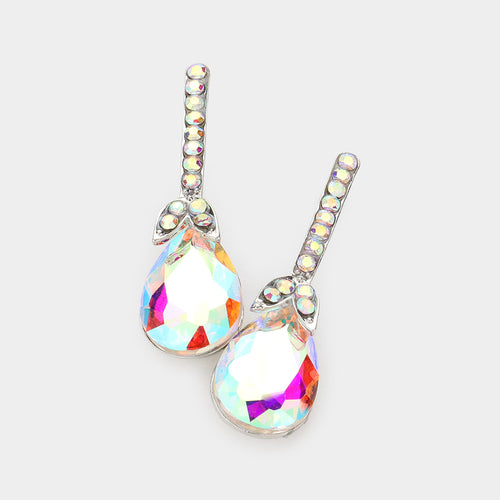 Teardrop Stone Accented Evening Earrings - AB, Silver