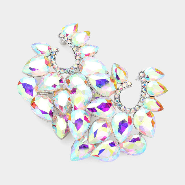 Madeline Love AB, Silver Teardrop Stone Cluster Embellished Evening Earrings