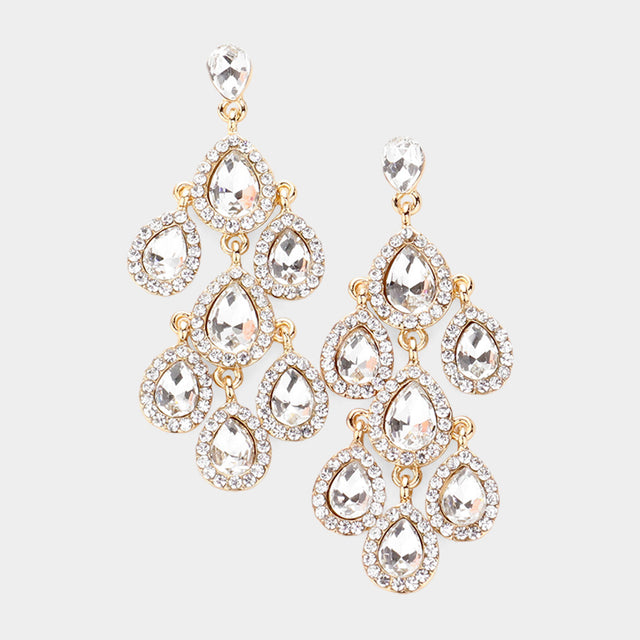 Madeline Love Clear, Gold Teardrop Stone Cluster Chandelier Dangle Evening Earrings
