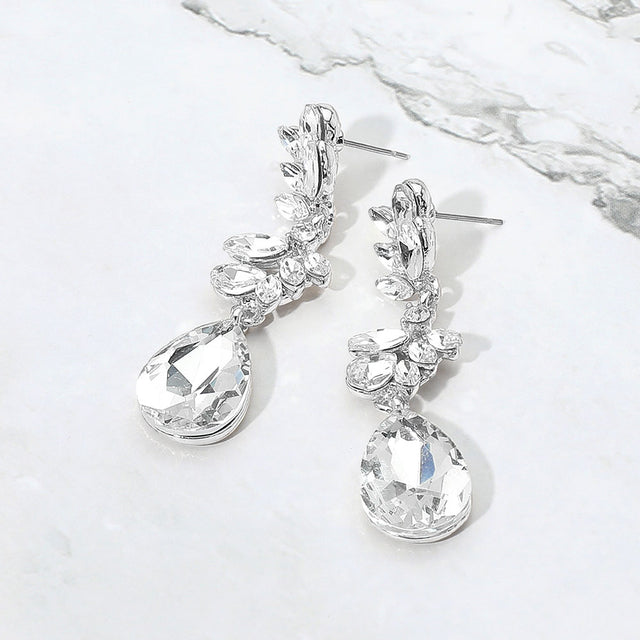 Madeline Love Clear, Silver Glass Stone Cluster Embellished Drop Dangle Evening Earrings