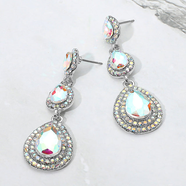 Madeline Love AB, Silver Teardrop Glass Stone Link Drop Dangle Evening Earrings