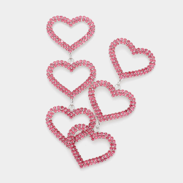 Stone Paved Open Heart Link Dropdown Evening Earrings - Pink - Earrings