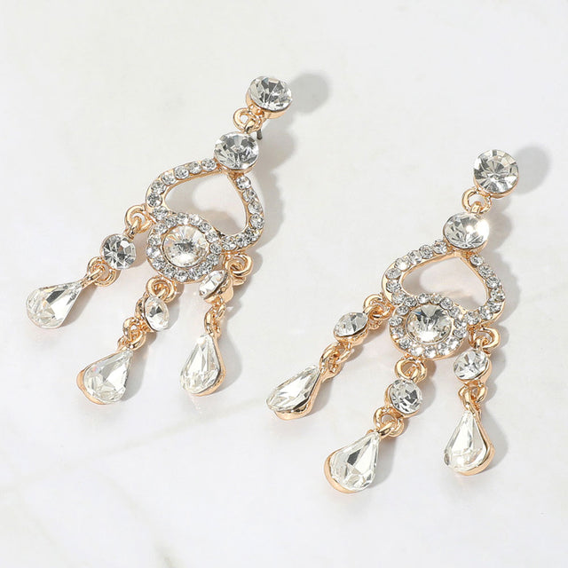 Madeline Love Clear, Gold Teardrop Stone Cluster Rip Chandelier Dangle Evening Earrings