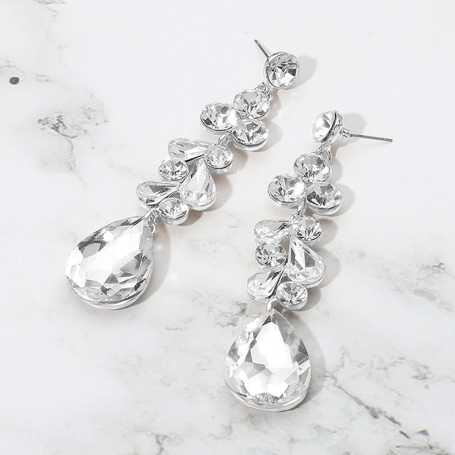 Madeline Love Clear, Silver Teardrop Stone Cluster Drop Evening Earrings