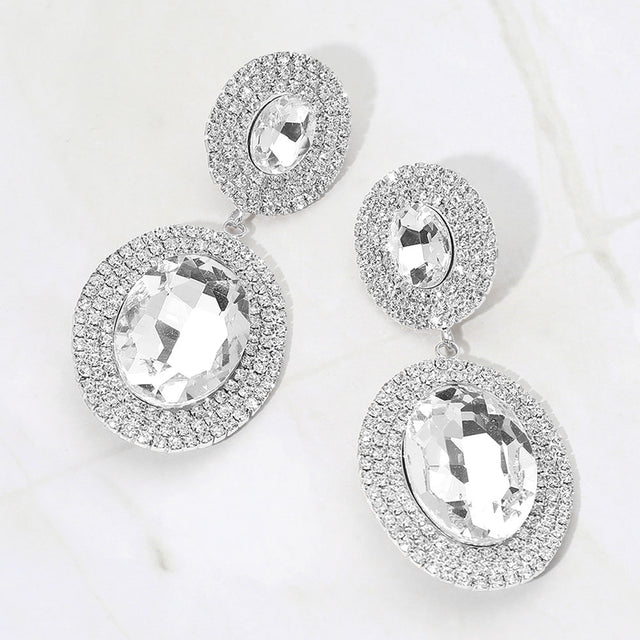 Madeline Love Clear, Rhodium Bold Double Oval Pave Halo Link Drop Evening Earrings