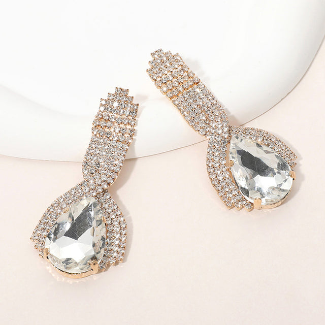 Madeline Love Clear, Gold Teardrop Glass Stone Pointed Rhinestone Paved Evening Earrings