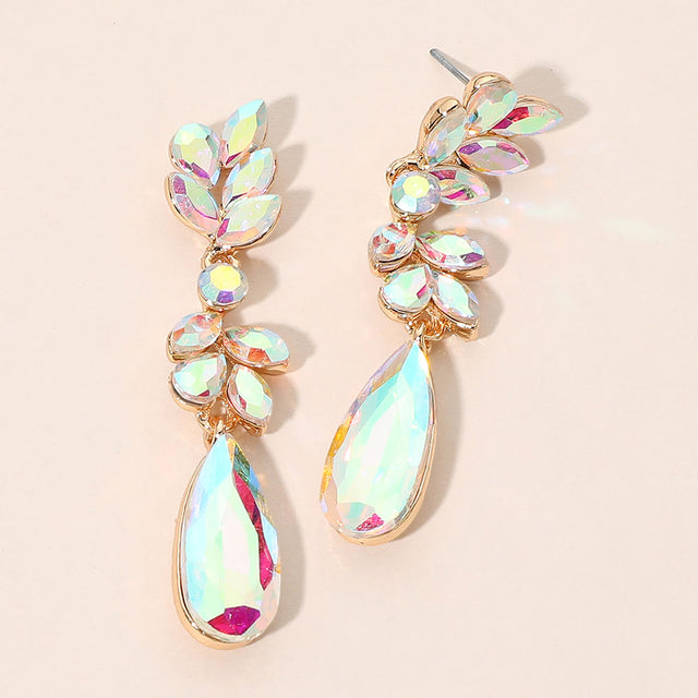Madeline Love AB, Gold Marquise Stone Long Teardrop Clueter Drop Evening Earrings