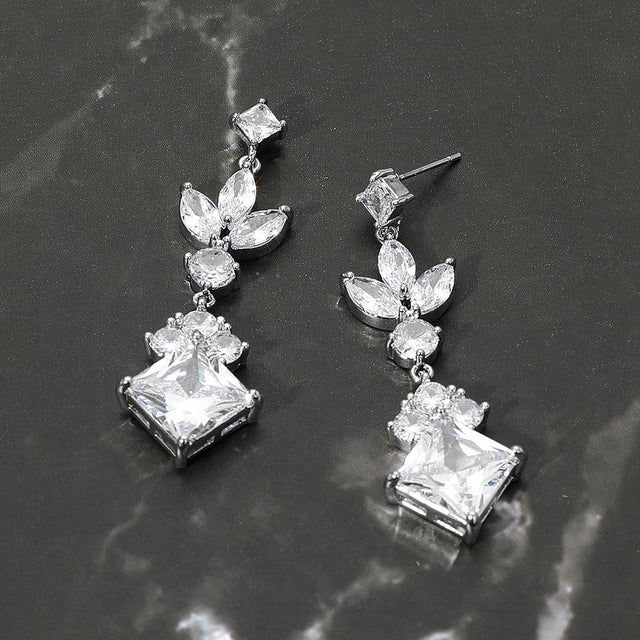 Madeline Love Clear, Rhodium Geometric CZ Stone Cluster Link Drop Evening Earrings