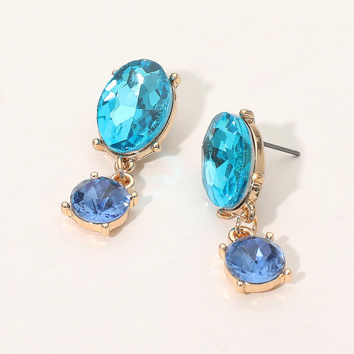 Oval Round Stone Link Dangle Evening Earrings - Blue, Gold