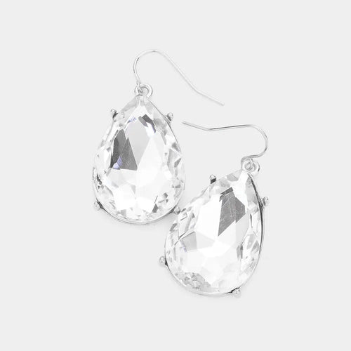 Teardrop Stone Dangle Evening Earrings - Rhodium