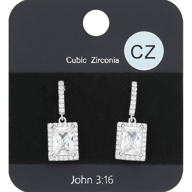Madeline Love Clear, Rhodium CZ Rectangle Dangle Evening Earrings