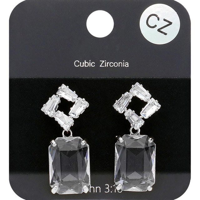 Madeline Love Clear, Rhodium CZ Stone Pave Rectangle Glass Stone Dangle Evening Earrings