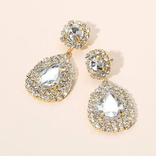 Pendientes de noche con forma de lágrima de cristal - Clear, Gold