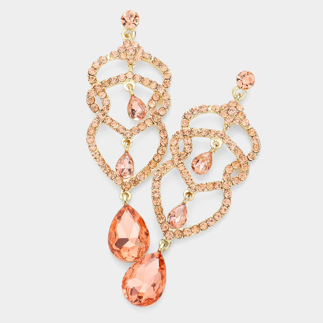 Madeline Love Gold, Peach Crystal Rhinestone Teardrop Dangle Evening Earrings