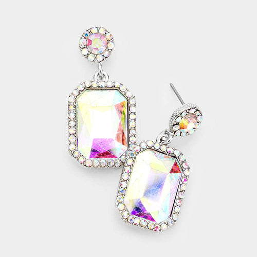 Rhinestone Rectangle Stone Evening Earrings - AB, Rhodium