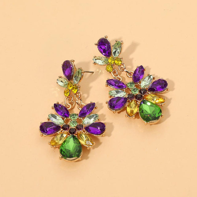 Madeline Love Green, Purple , Yellow Mardi Gras Floral Gem Drop Evening Earrings