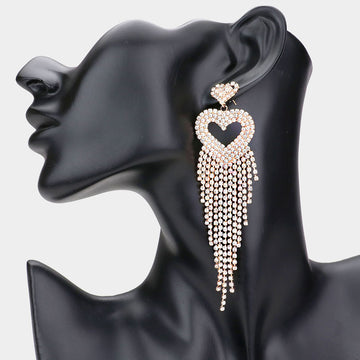 Rhinestone Pave Heart Fringe Evening Earrings - Gold - Earrings
