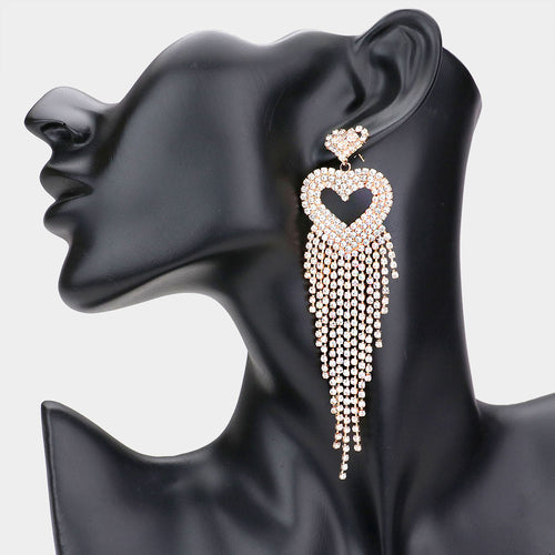 Rhinestone Pave Heart Fringe Evening Earrings - Gold