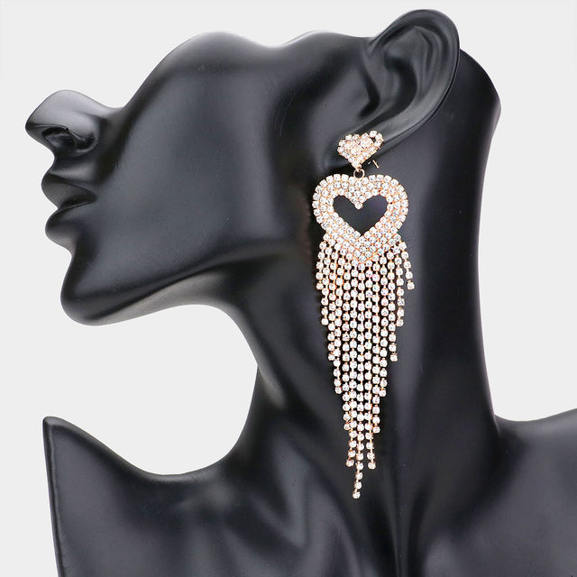 Rhinestone Pave Heart Fringe Evening Earrings - Gold - Earrings
