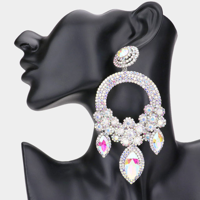 Madeline Love AB, Silver Oversized Marquise Triple Flower Chandelier Evening Earring