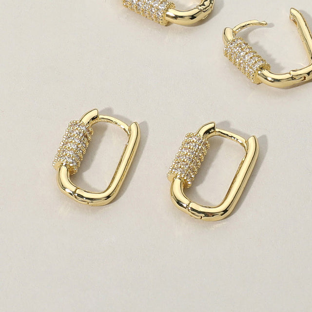 Madeline Love Gold CZ Stone Paved Carabiner Huggie Hoop Earrings