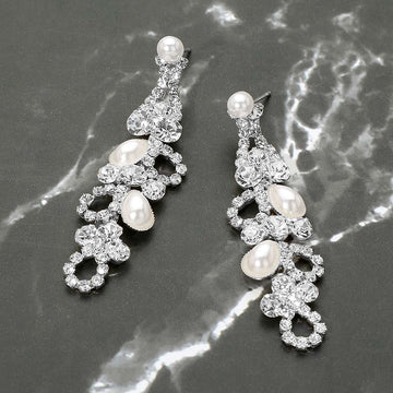 Madeline Love Silver, White Rhinestone Pearl Eyelet Drop Evening Earrings