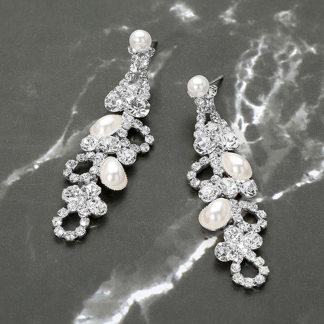 Madeline Love Silver, White Rhinestone Pearl Eyelet Drop Evening Earrings