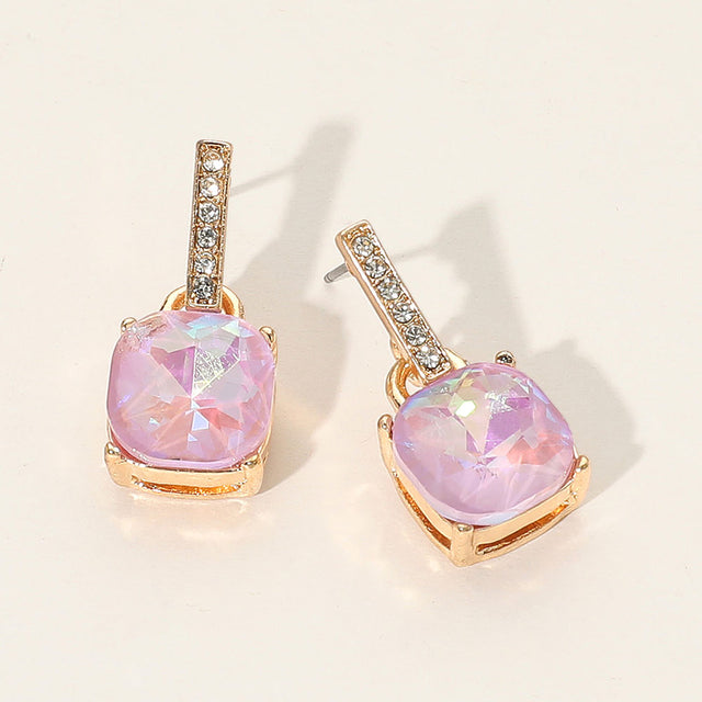 Madeline Love Gold, Lavender Cushion Square Stone Dangle Evening Earrings
