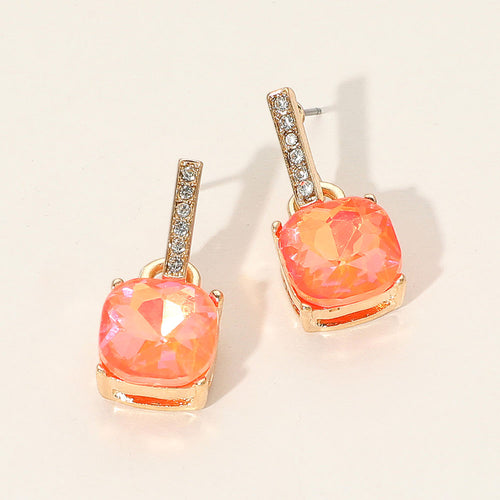 Cushion Square Stone Dangle Evening Earrings - Gold, Neon, Orange