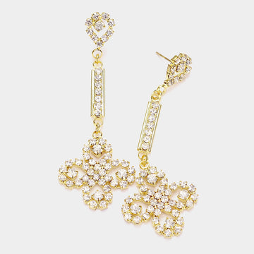 Madeline Love Clear, Gold Rhinestone 4-Leaf Clover Dangle Evening Earrings