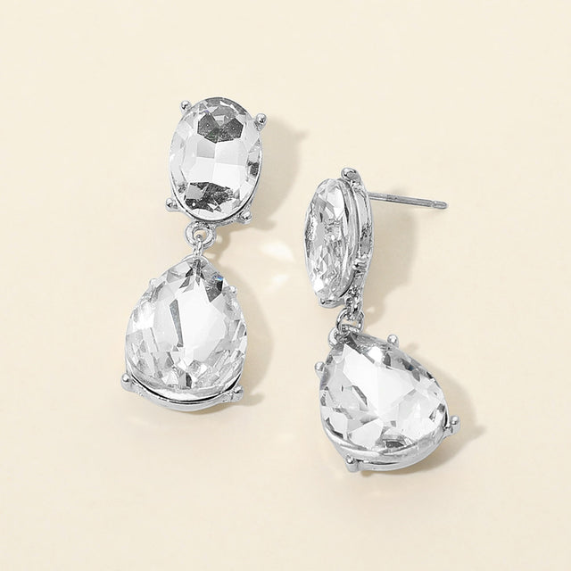 Madeline Love Clear, Rhodium Oval Teardrop Gem Drop Evening Earrings