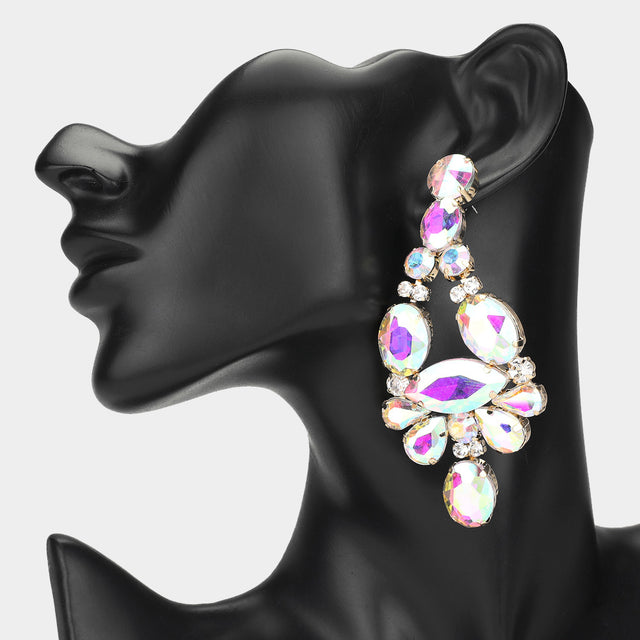Madeline Love AB, Clear, Gold Oval Marquise Stone Cluster Chandelier Evening Earrings