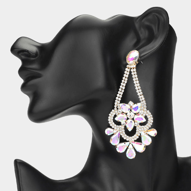 Madeline Love AB, Clear, Gold Teardrop Stone Cluster Embellished Chandelier Evening Earrings