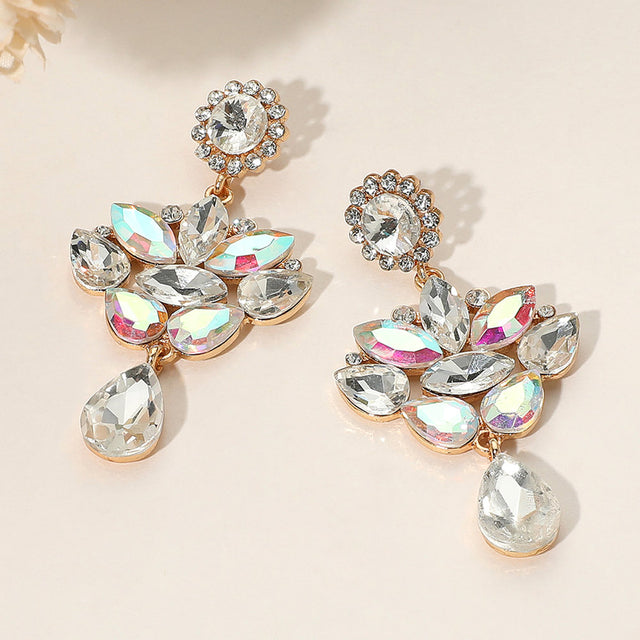 Madeline Love AB, Clear, Gold Teardrop Stone Cluster Dangle Marquise Stone Cluster Embellished Drop Evening Earrings