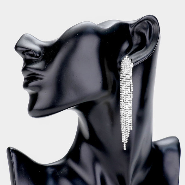 Madeline Love Clear, Silver Rhinestone Fringe Statement Evening Earrings