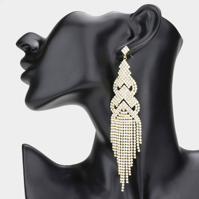 Madeline Love Gold Crystal Rhinestone Statement Fringe Evening Earrings