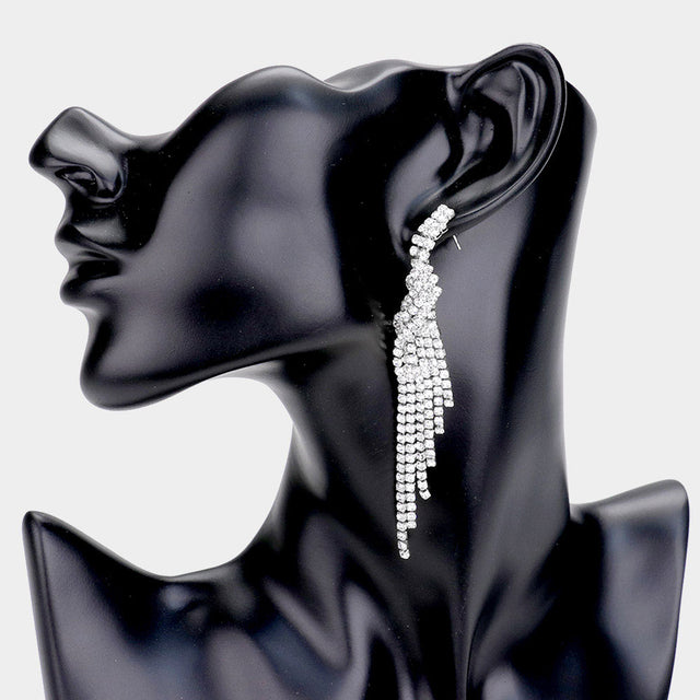 Madeline Love Clear, Silver Rhinestone Pave Fringe Drop Evening Earrings
