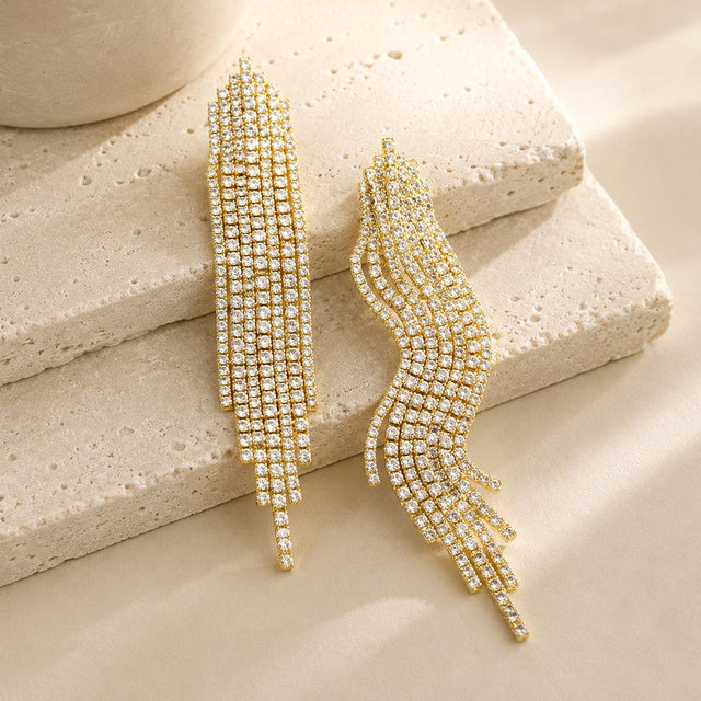 Madeline Love Clear, Gold Crystal Rhinestone Statement Fringe Drop Evening Earrings