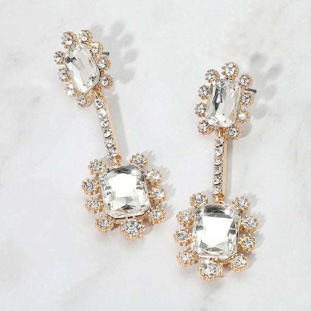 Madeline Love Gold Double Emerald Cut Stone Accented Dangle Evening Earrings