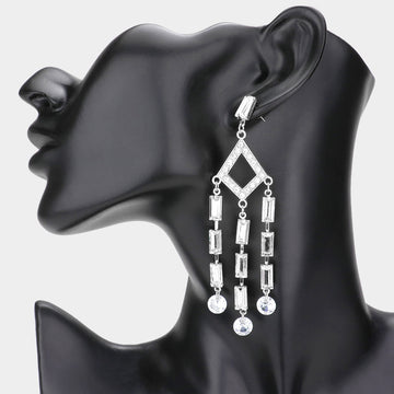 Madeline Love Rhodium Baguette Round Stone Link Dangle Evening Earrings