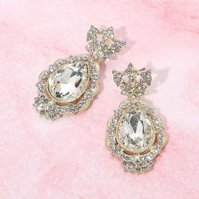 Madeline Love Clear, Gold Teardrop Accented Rhinestone Embellished Evening Dangle Earrings