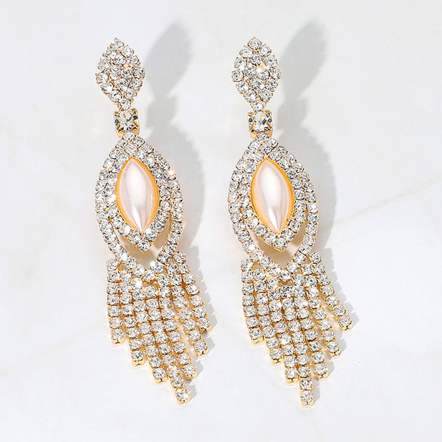 Madeline Love Cream, Gold Marquise Pearl Pointed Rhinestone Paved Fringe Dangle Earrings