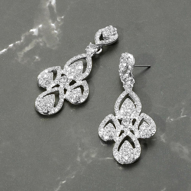Madeline Love Clear, Silver Rhinestone Paved Abstract Dangle Evening Earrings