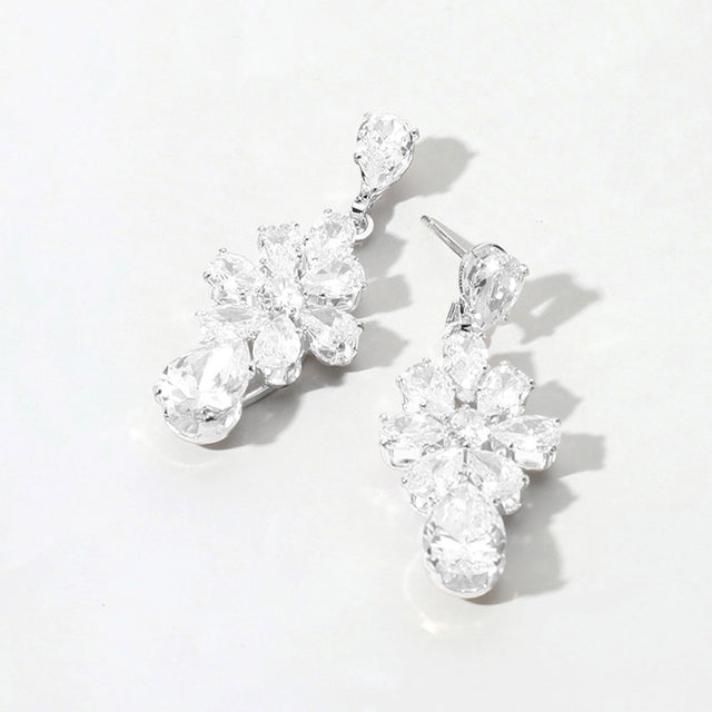 Madeline Love Clear, Silver Flower CZ Stone Cluster Teardrop Dangle Evening Earrings