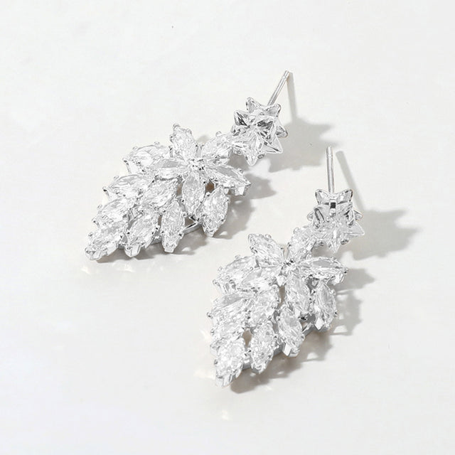 Madeline Love Clear, Silver Star CZ Stone Pointed Marquise Stone Cluster Dangle Evening Earrings