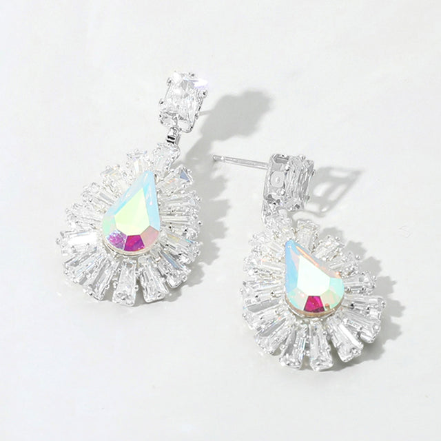 Madeline Love AB, Silver Baguette Stone Rim Teardrop CZ Stone Cluster Dangle Evening Earrings